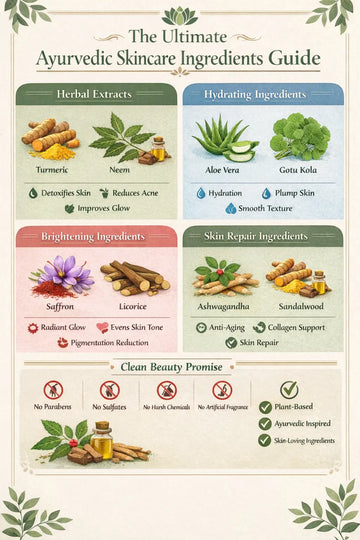 Ayurvedic skincare ingredients infographic with turmeric, neem, aloe vera, gotu kola, saffron, licorice, ashwagandha and sandalwood benefits.
