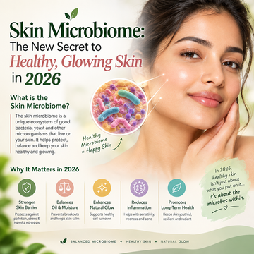 Woman with glowing healthy skin alongside a magnified illustration of beneficial skin microbiome microorganisms, highlighting the connection between a balanced skin microbiome, stronger skin barrier, hydration, reduced inflammation, and natural radiance.