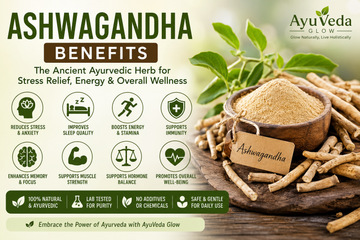 Ashwagandha root and powder with green leaves illustrating the complete guide to Ashwagandha benefits in Ayurveda by AyuVeda Glow.