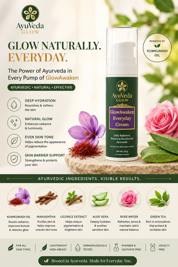 GlowAwaken Everyday Face Cream by AyuVeda Glow with Kumkumadi Oil, Manjistha, Licorice and Aloe Vera for hydration, glowing skin and even skin tone.