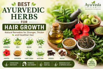 A collection of Ayurvedic herbs including Bhringraj, Amla, Brahmi, Neem, Hibiscus, Fenugreek, Aloe Vera, Shikakai, and Reetha traditionally used to support healthy hair growth and scalp care.