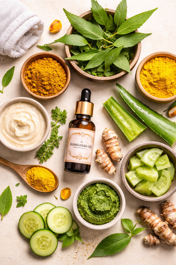 Best Ayurvedic skincare products in India including kumkumadi oil neem turmeric and aloe vera