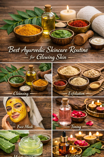 Step by step Ayurvedic skincare routine for glowing skin including cleansing exfoliation face mask toning moisturizing and facial oil