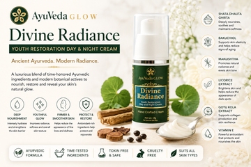 Divine Radiance Ayurvedic anti-aging day and night cream by AyuVeda Glow with Shata Dhauta Ghrita and Bakuchiol.