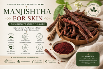 Manjistha (Rubia cordifolia) roots and powder showcasing Ayurvedic skin benefits including glowing skin, acne care, pigmentation reduction, and antioxidant protection.