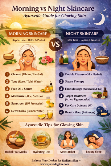 Morning vs night Ayurvedic skincare routine for glowing skin including cleansing, toning, face oil, and night repair steps