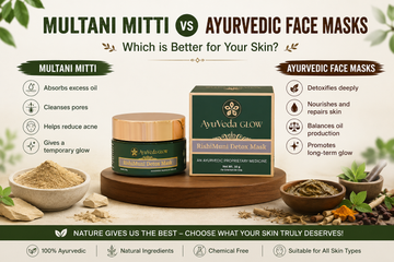 Multani Mitti vs Ayurvedic face mask comparison featuring RishiMuni Detox Face Mask by AyuVeda Glow for glowing and clear skin