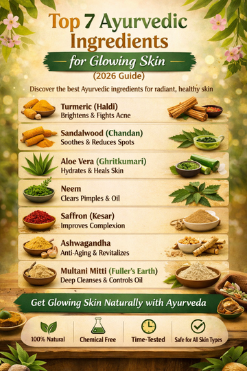 Top 7 Ayurvedic ingredients for glowing skin including turmeric, sandalwood, aloe vera, neem, saffron, ashwagandha, and multani mitti with their skincare benefits