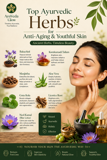 Top Ayurvedic herbs for anti-aging and youthful skin featuring Bakuchiol, Kumkumadi Tailam, Aloe Vera, Gotu Kola, and Ayurvedic skincare by AyuVeda Glow.
