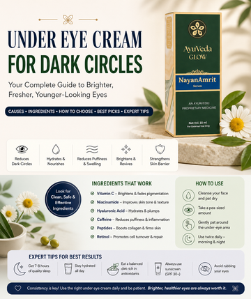 AyuVeda Glow NayanAmrit Serum under eye cream for dark circles with Ayurvedic herbal ingredients for reducing puffiness, pigmentation, and tired eyes