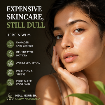 Woman with glowing skin highlighting causes of dull skin and Ayurvedic skincare solutions for natural radiance.
