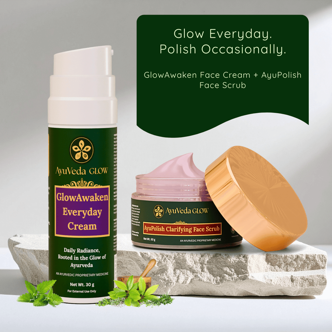 GlowAwaken Ayurvedic Everyday Face Cream + AyuPolish Ayurvedic Clarifying Face Scrub - AyuVeda Glow