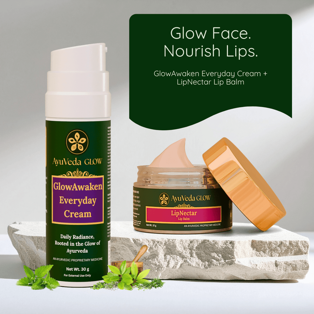 GlowAwaken Ayurvedic Everyday Face Cream + LipNectar Ayurvedic Lip Balm - AyuVeda Glow