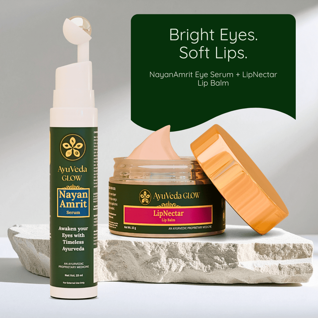NayanAmrit Ayurvedic Under Eye Serum + LipNectar Ayurvedic Lip Balm - AyuVeda Glow