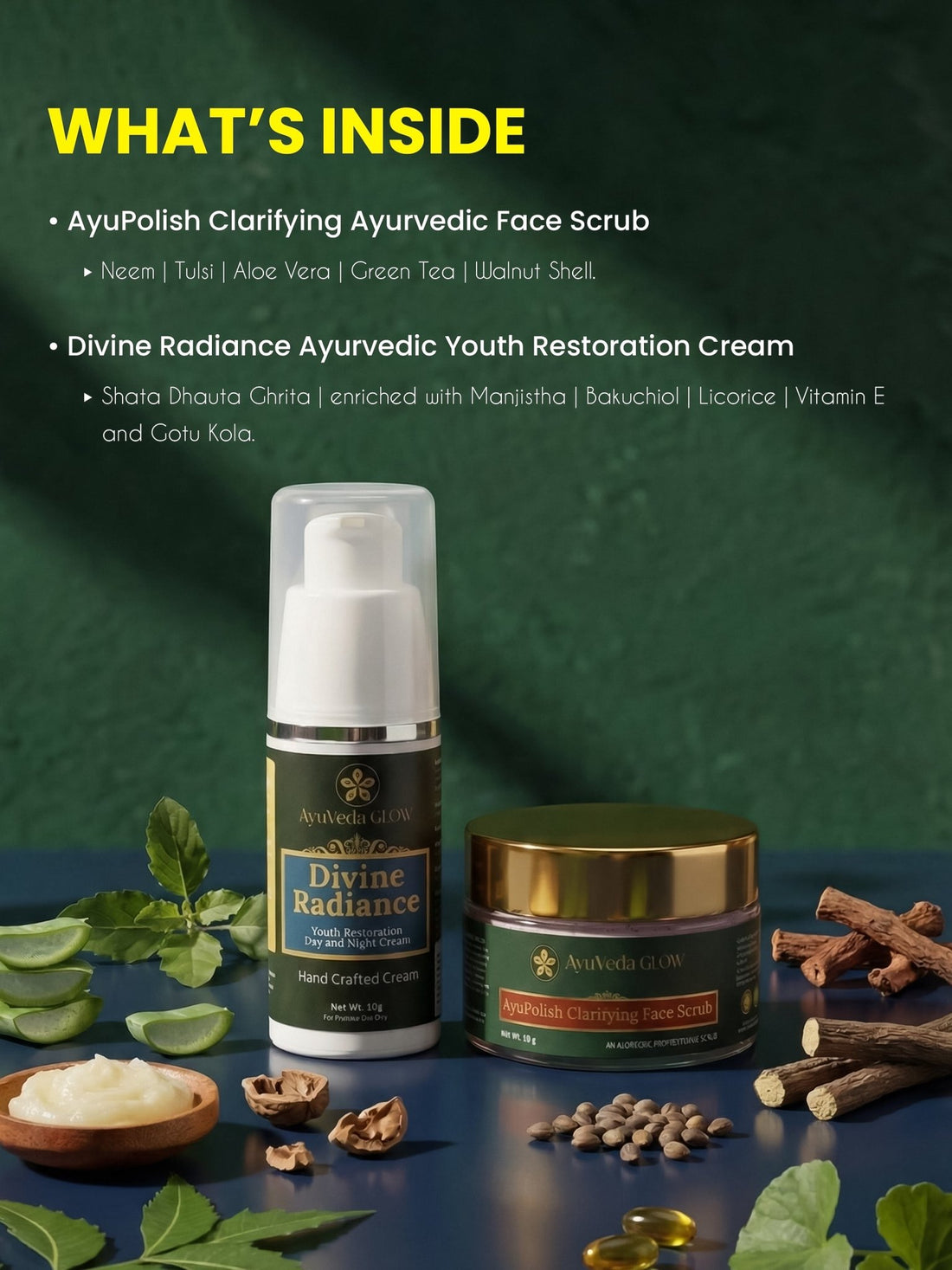 Divine Radiance Ayurvedic Youth Restoration Cream + AyuPolish Ayurvedic Clarifying Face Scrub - AyuVeda Glow