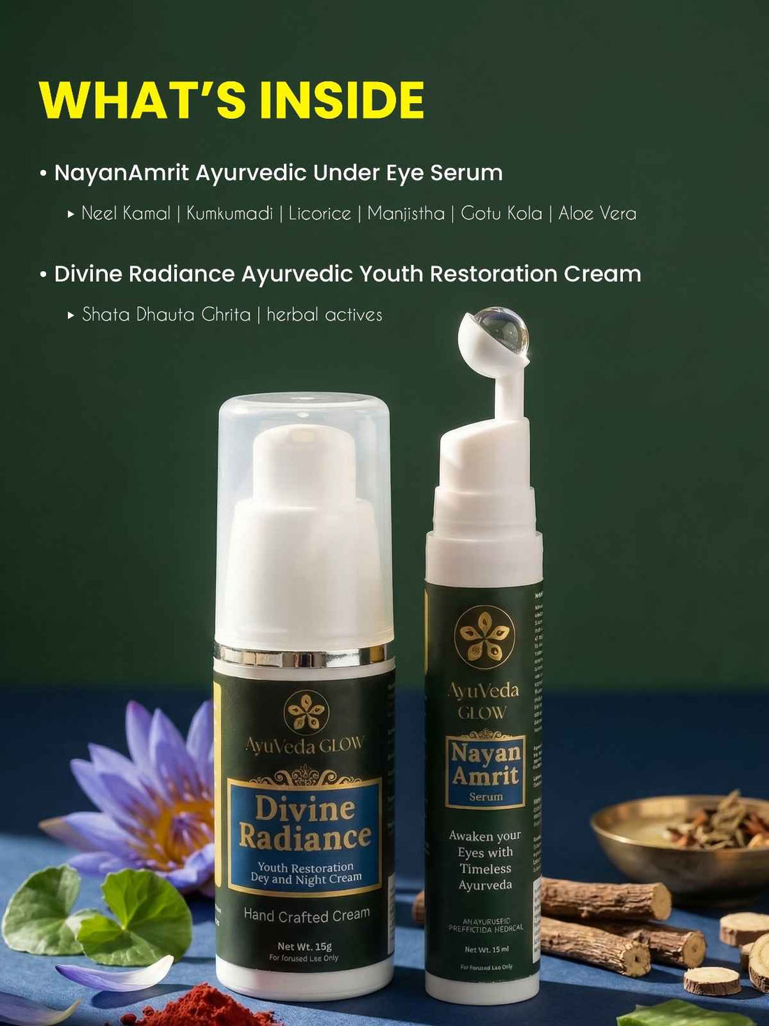 Divine Radiance cream and Nayan Amrit under eye serum Ayurvedic skincare combo