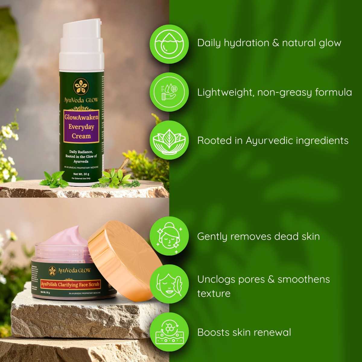 GlowAwaken Ayurvedic face cream and AyuPolish herbal face scrub combo for glowing smooth skin