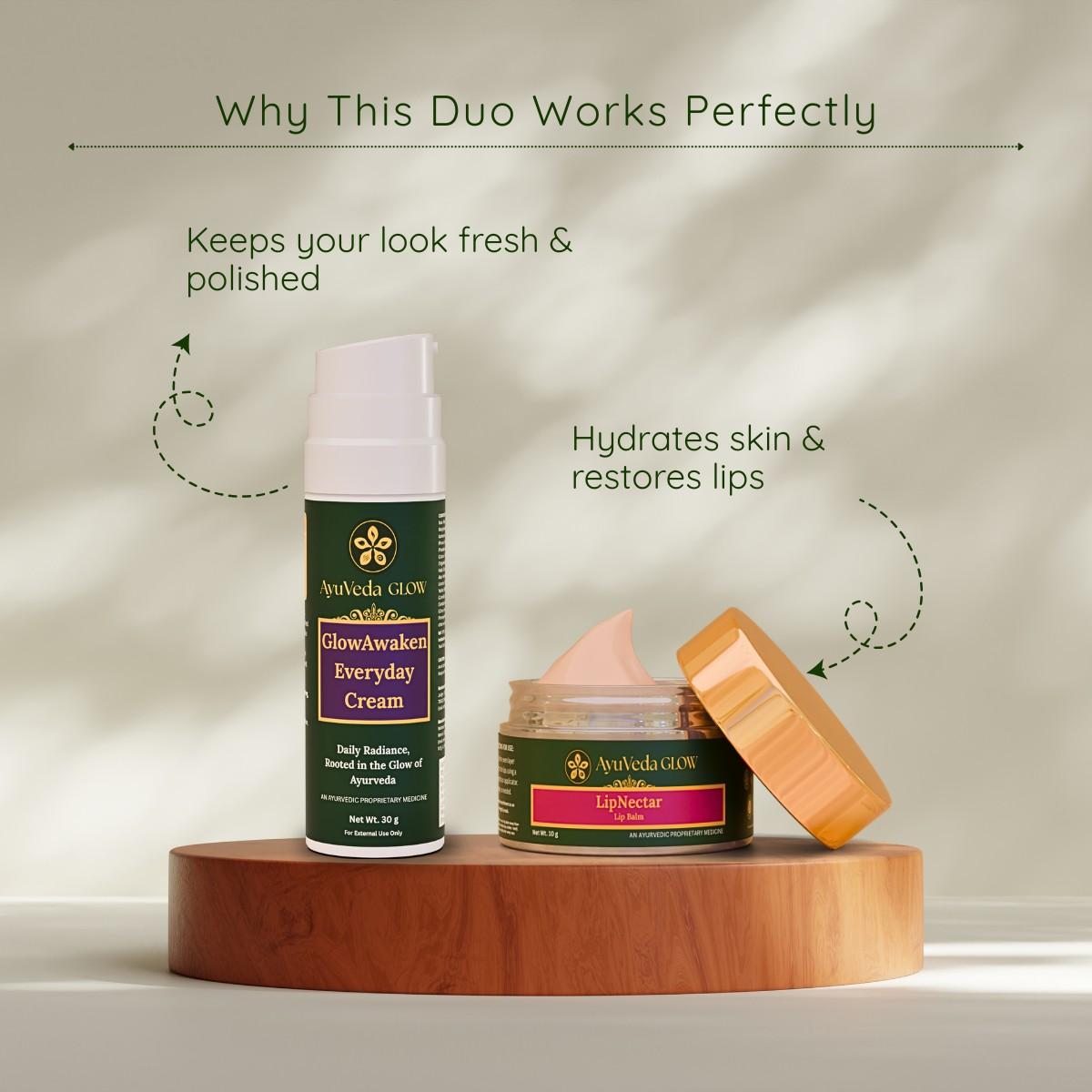 GlowAwaken face cream with LipNectare lip care beauty combo