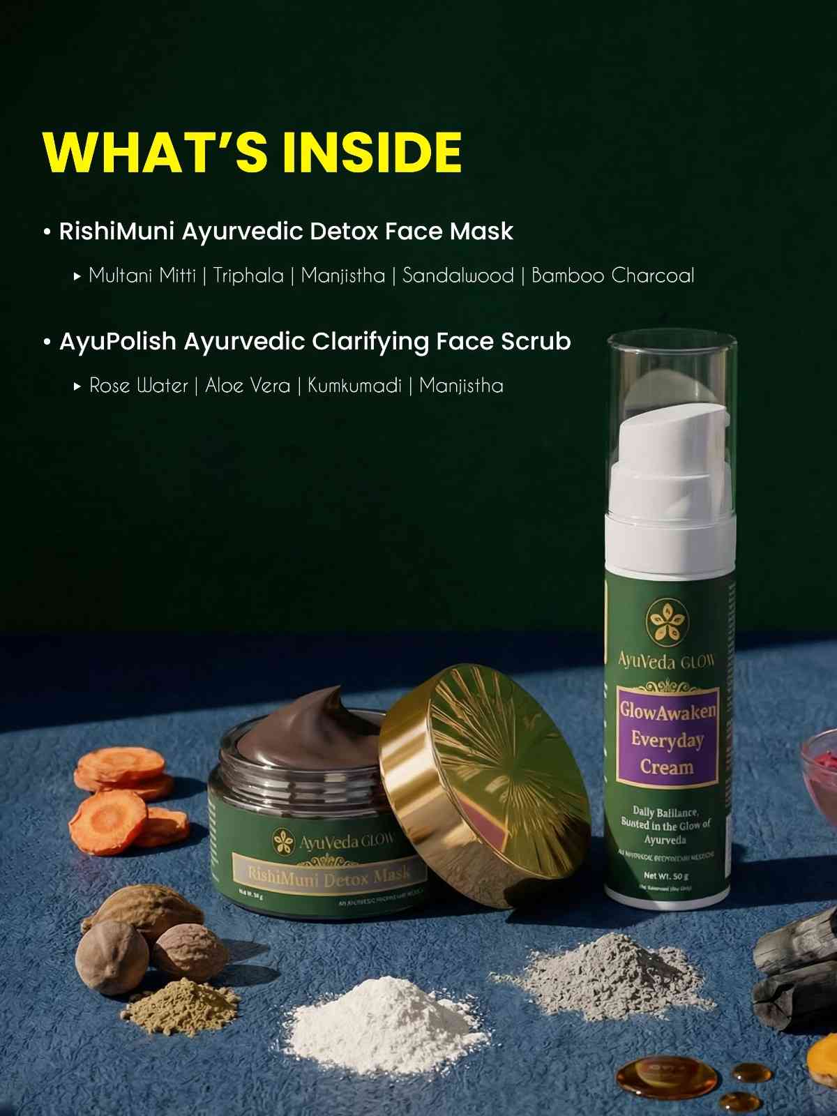 Ayurvedic skincare ritual with detox mask and moisturizing cream
