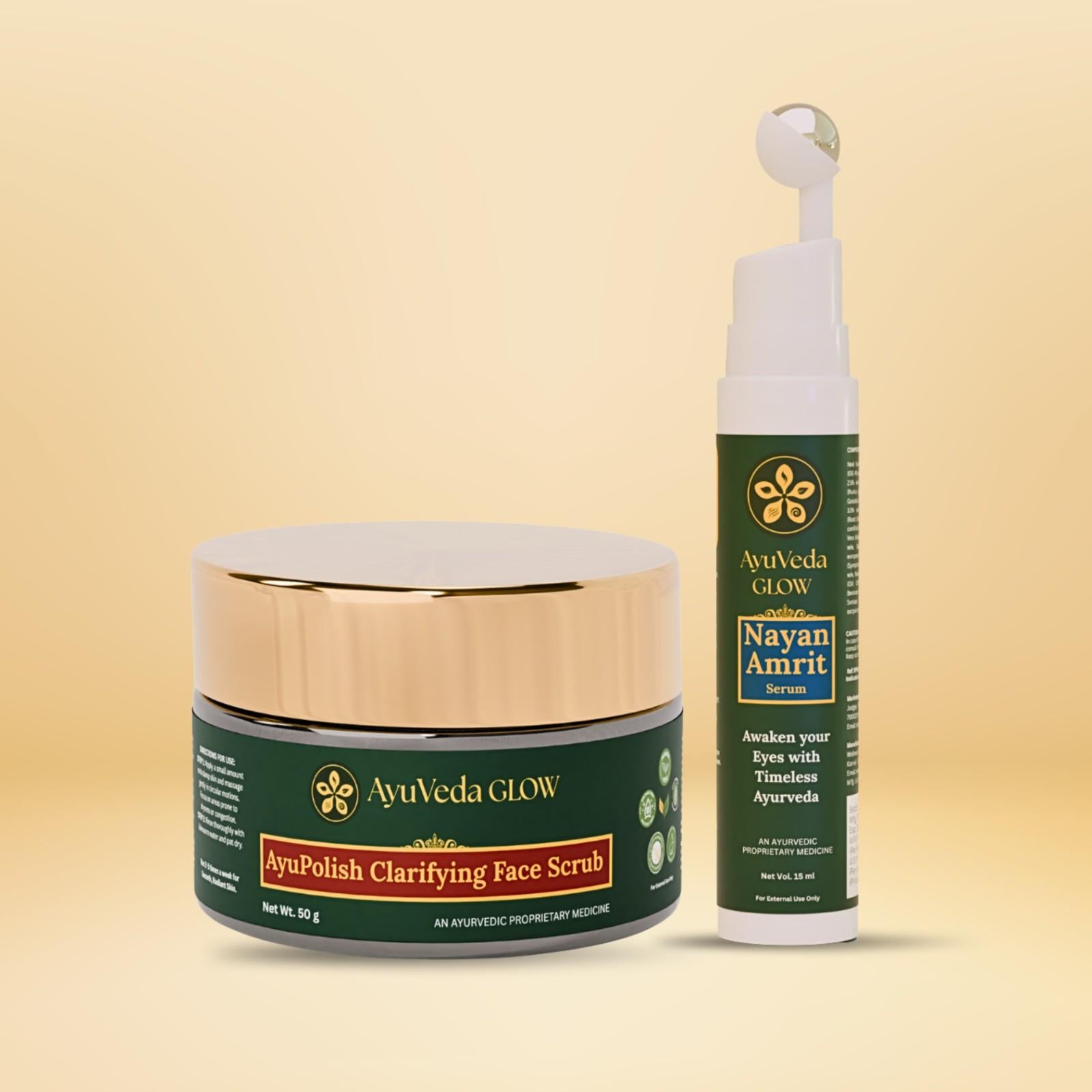 AyuPolish clarifying scrub and NayanAmrit under eye serum Ayurvedic skincare combo