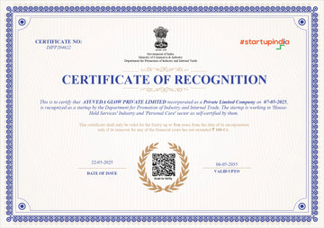 Certificate of Recognition for Ayurveda Glow Private Limited with branding elements.