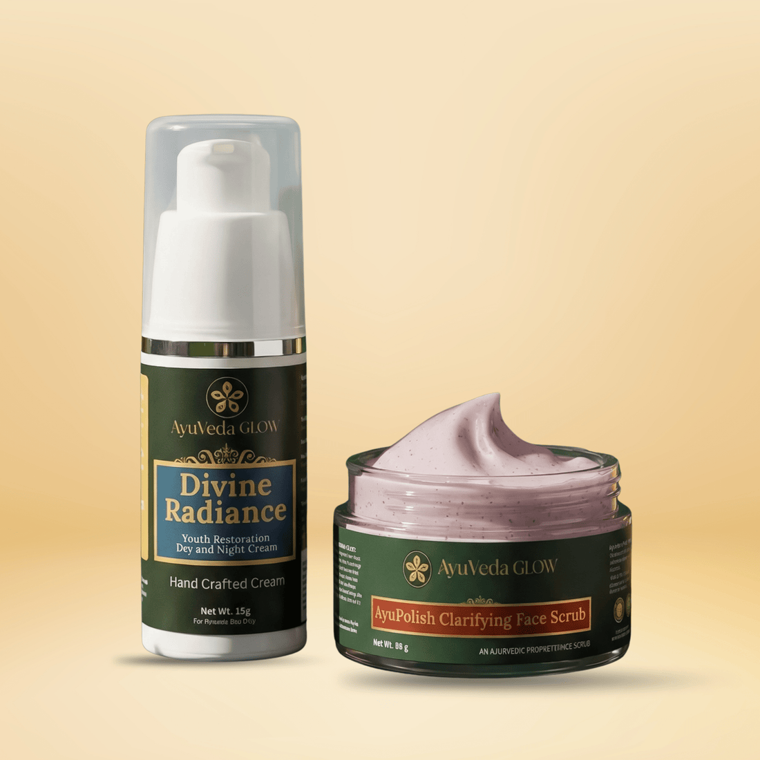 Divine Radiance Ayurvedic Youth Restoration Cream + AyuPolish Ayurvedic Clarifying Face Scrub - AyuVeda Glow