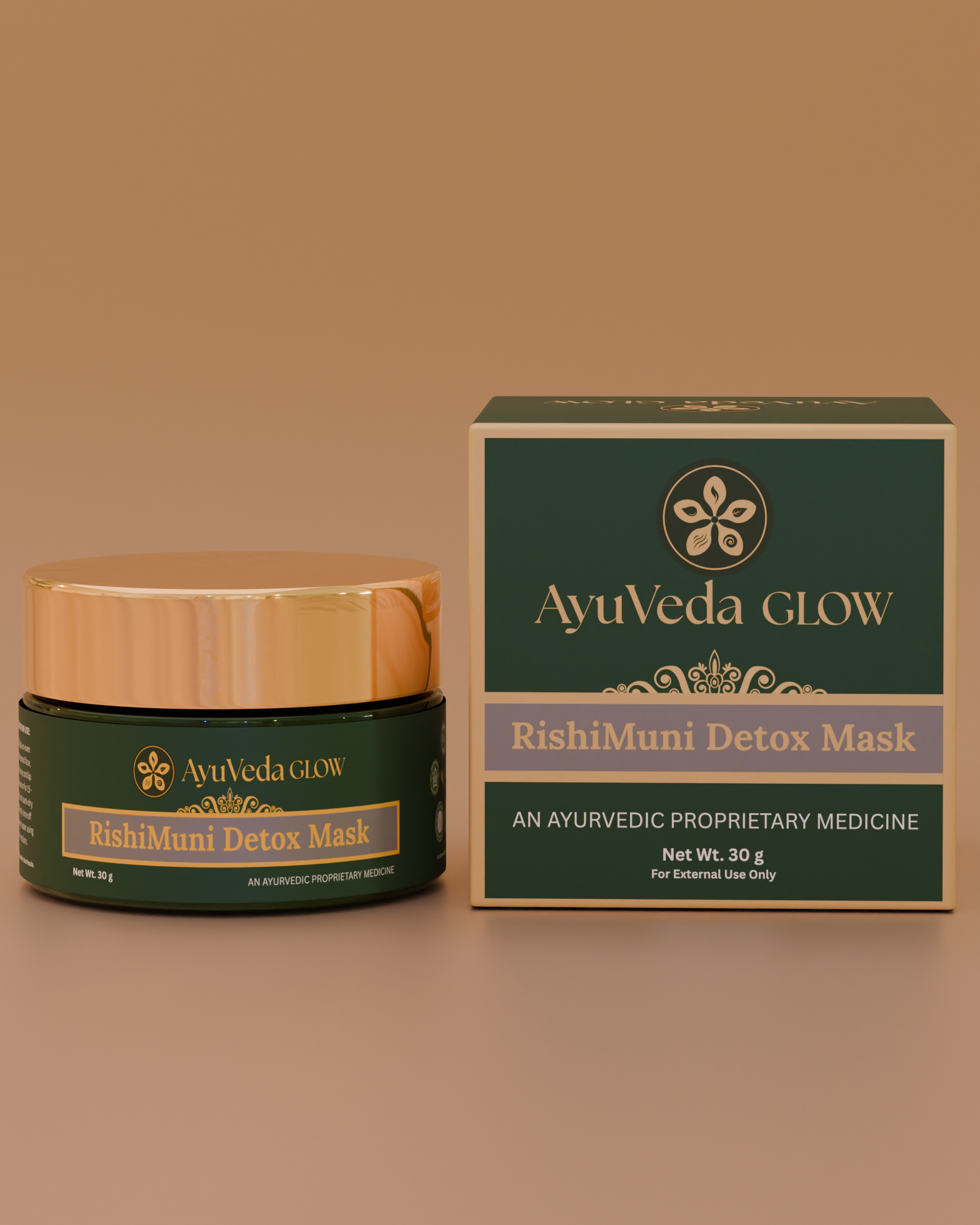 Ayuveda Glow Rishi Muni Detox Mask jar and box on a brown background