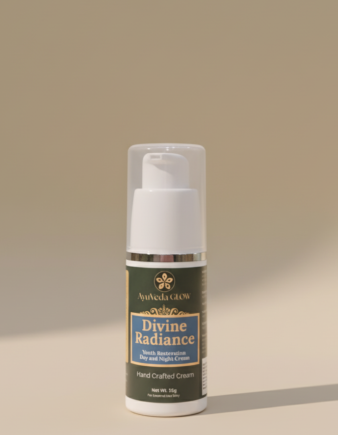 Skincare bottle labeled 'Divine Radiance' on a beige background