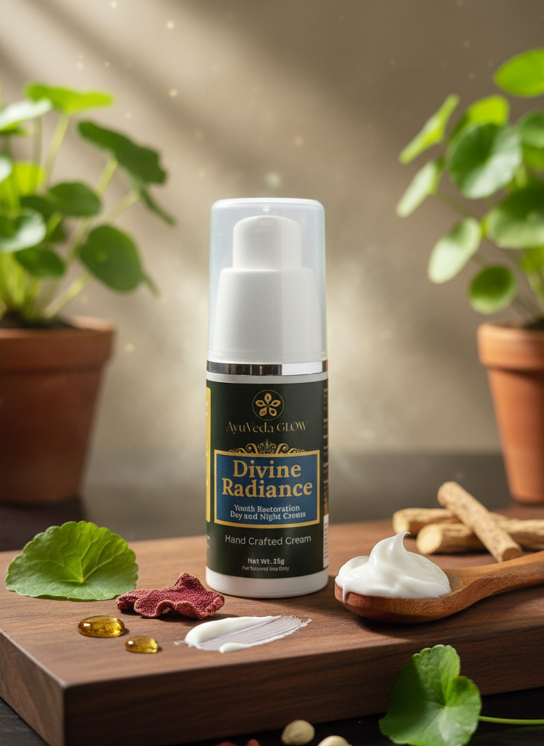 Skincare bottle labeled 'Divine Radiance' on a beige background