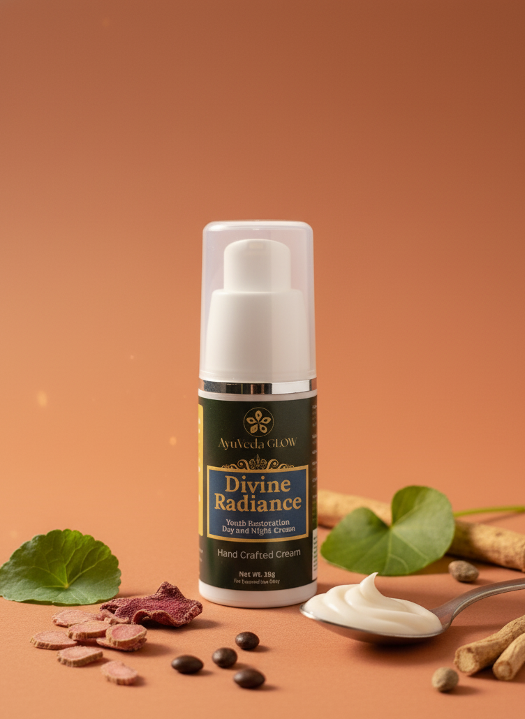 Cosmetic bottle labeled 'Divine Radiance' on a brown background with natural ingredients.