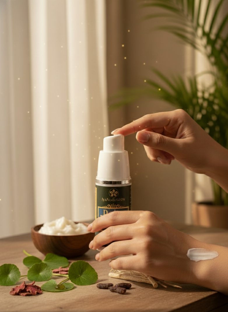 Person using a pump bottle on a wooden surface with plants in the background